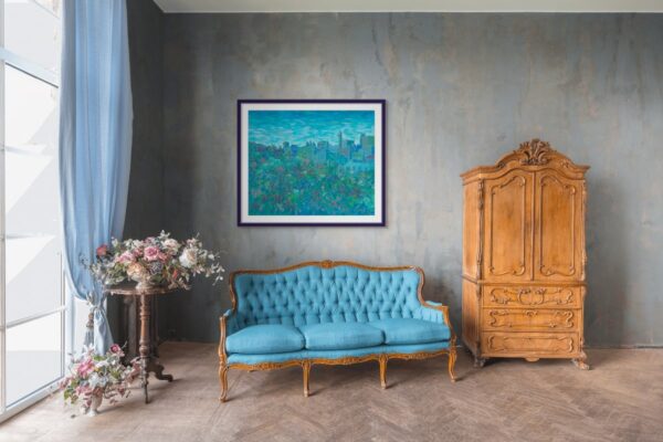 Framed painting of Jerusalem in blue and jewel tones with blooming flowers in the foreground, blending ancient landmarks with natural scenery, displayed in a modern interior