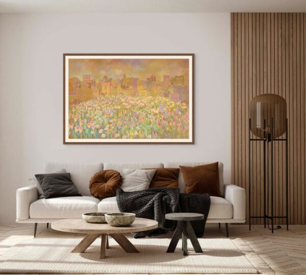 Framed painting of Jerusalem’s stone structures with delicate wildflowers in the foreground, in soft neutral tones, symbolizing harmony between history and nature, displayed in a modern interior