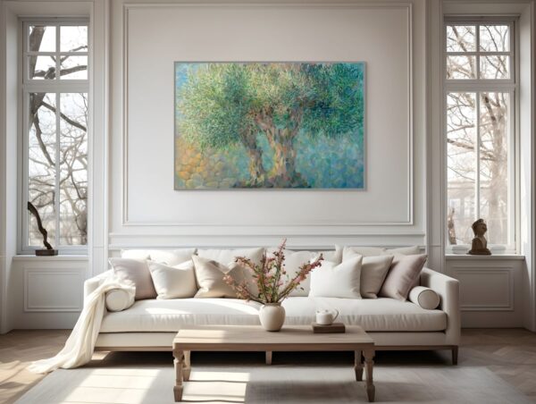 Framed painting of an olive tree with textured trunk and green leaves, inspired by the artist’s family olive grove in the Ella Valley, displayed in a modern interior