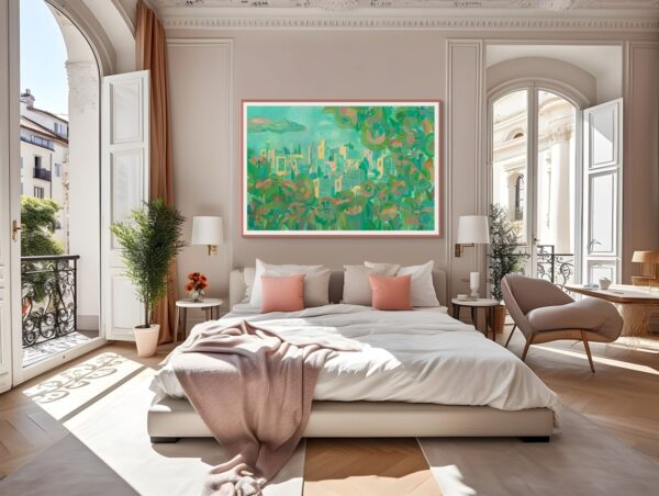 Framed painting of Jerusalem softly emerging behind vibrant flowers with lush green tones, symbolizing harmony between history and nature, displayed in a modern interior