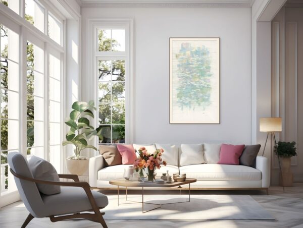 Framed painting of a serene pond with lily flowers and soft ripples reflecting Jerusalem, in neutral tones, symbolizing peace and spirituality, displayed in a modern interior
