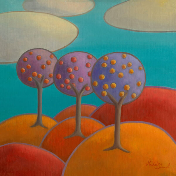 Painting Children’s Story by Michal Shmuel, featuring three whimsical round trees with colorful fruit-like shapes on rolling red and orange hills beneath a turquoise sky.