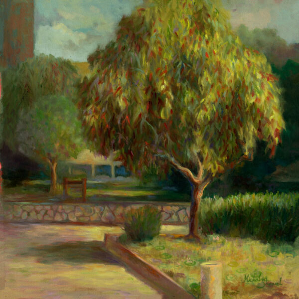 Painting A Tree in the Neighborhood by Michal Shmuel, depicting a Callistemon tree in full red bloom within a sunlit urban garden scene.