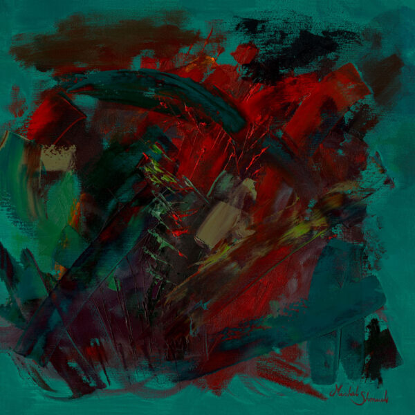 Abstract expressionist painting Agitation by Michal Shmuel, with bold red, teal, and black brushstrokes conveying frustration, anger, and sorrow.