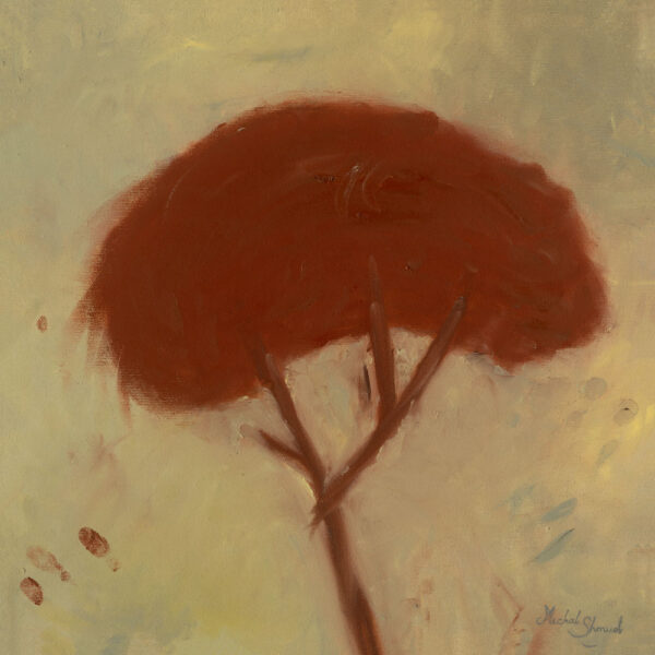 Painting Cave Tree by Michal Shmuel, a primal, cave-art inspired depiction of a tree in earthy red tones with visible fingerprints on the canvas.