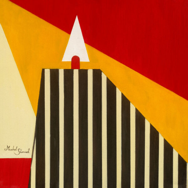 Abstract geometric painting A Tree in the Kibbutz by Michal Shmuel, featuring bold red, yellow, and black striped forms with a white triangular tree shape, inspired by Constructivism.