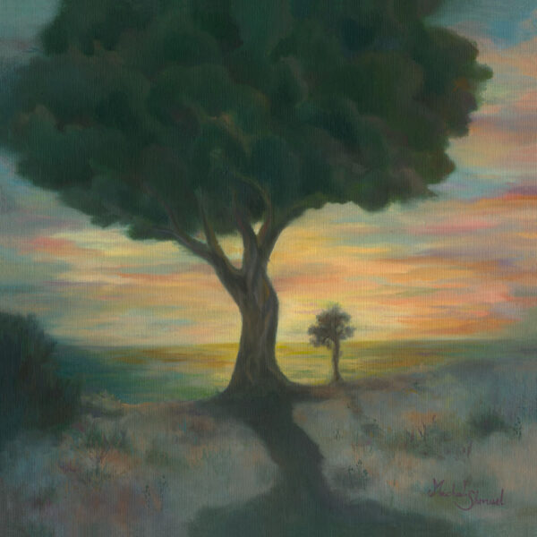 Painting Quality Time by Michal Shmuel, featuring a large tree and a smaller tree at sunset, evoking calm, reflection, and connection with nature.