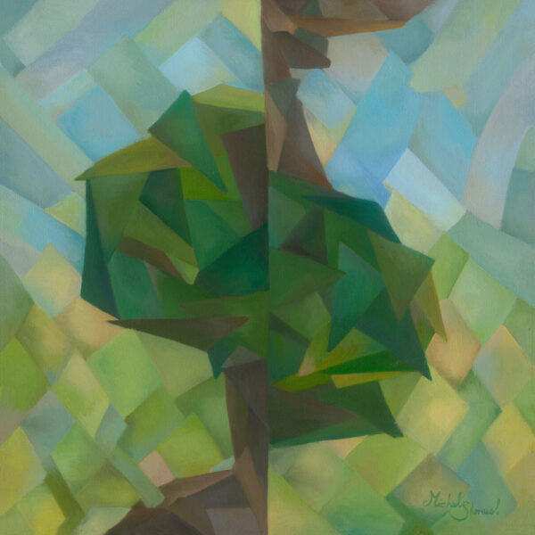 Abstract geometric painting Redesign by Michal Shmuel, depicting a fragmented tree with sharp angular forms in shades of green and blue, symbolizing artistic and personal revolutions.