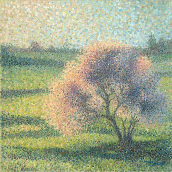 Painting Flickering Almond Tree by Michal Shmuel, created with pointillist technique using colorful dots to depict a blooming almond tree shimmering with light and movement.