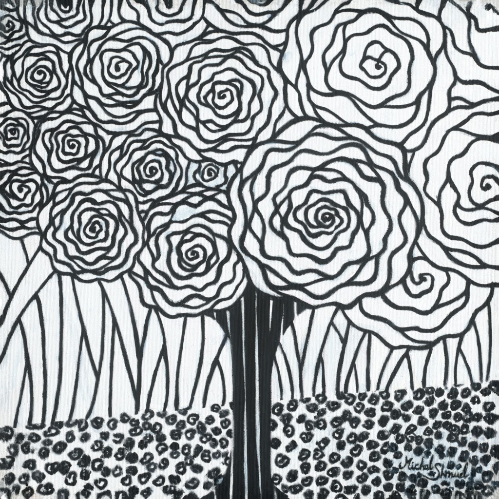 Black-and-white artwork The Thinking Tree by Michal Shmuel, featuring spiral floral forms and flowing lines that create a stylized tree emphasizing rhythm and balance.