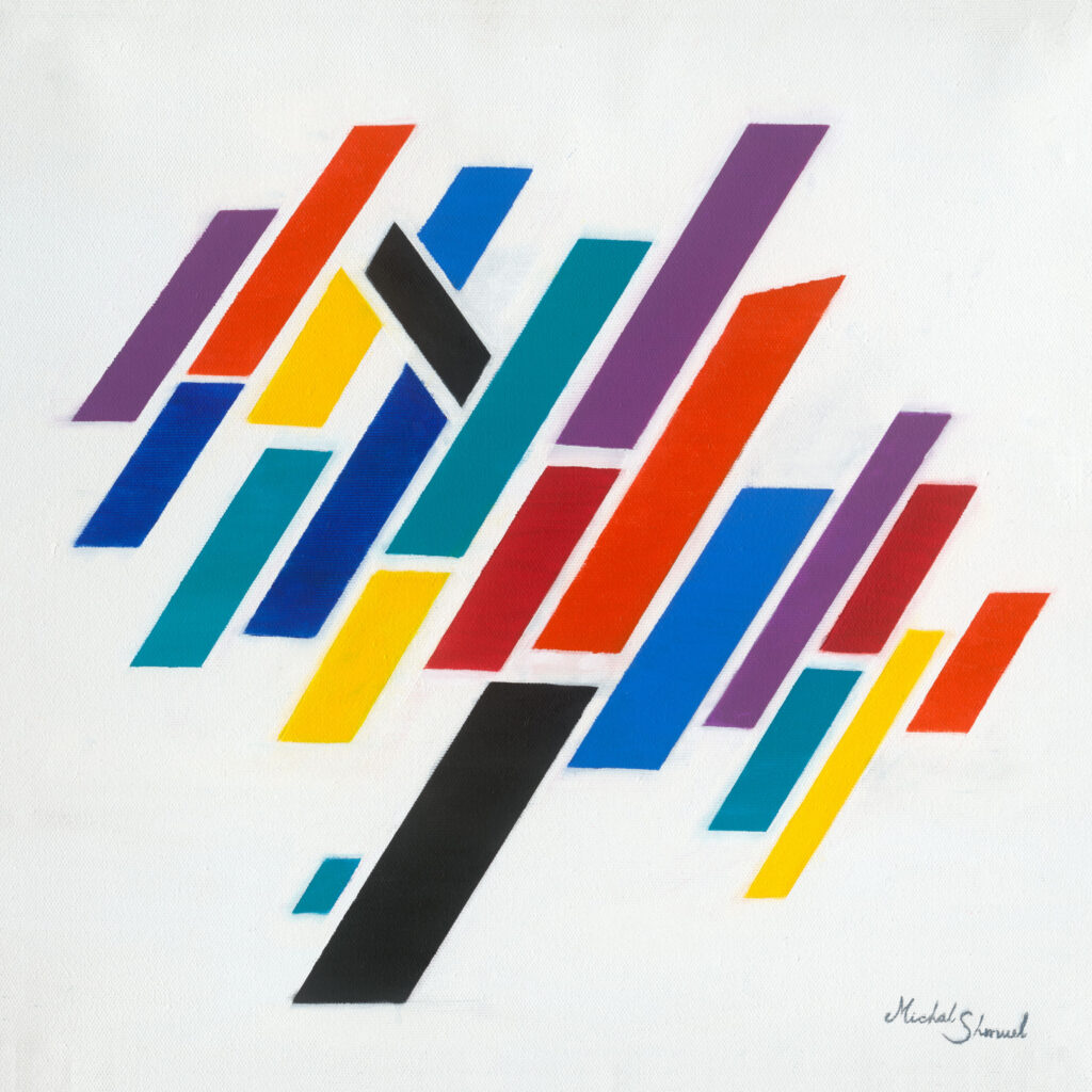 Abstract artwork Ambition by Michal Shmuel, depicting a stylized tree made of colorful parallelograms in red, blue, yellow, black, and purple, arranged in dynamic parallel alignment.