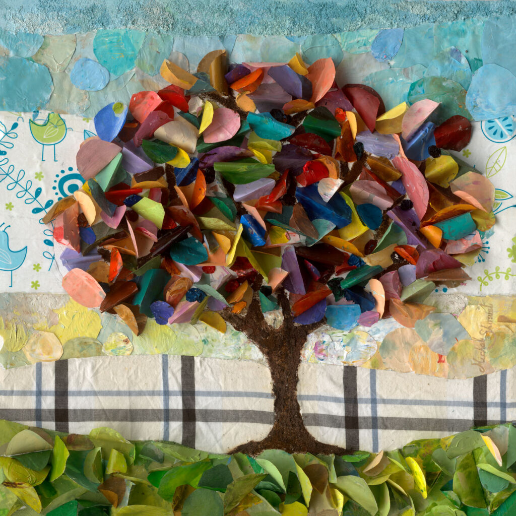 Mixed-media artwork Green Tree by Michal Shmuel, created from recycled materials such as fabric, paper, and packaging, forming a colorful tree against a patterned background.