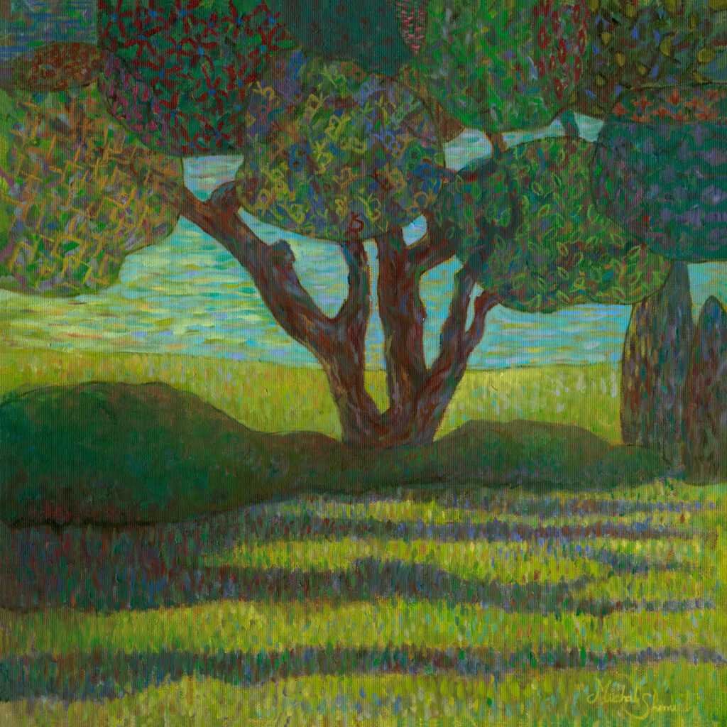 Painting To See Green by Michal Shmuel, depicting a stylized tree and garden in patterned shades of green, resembling a decorative textile tapestry.