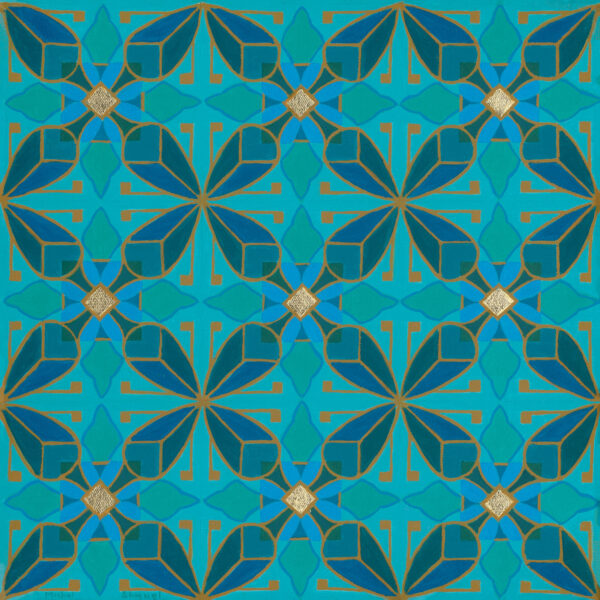 Geometric artwork by Michal Shmuel titled Trees in the Sky, featuring a repeating Persian-inspired tile design with stylized blue trees radiating from golden rhombus centers. Berkat Kohanim and the Choshen.