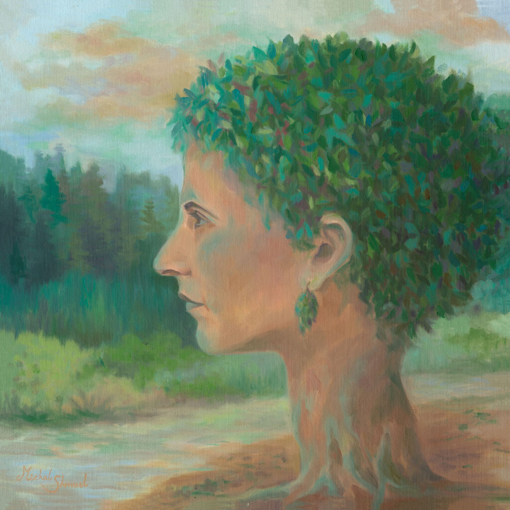 Surrealist self-portrait painting To Feel a Tree by Michal Shmuel, showing a woman’s profile blending with a tree, her hair transformed into leafy foliage.