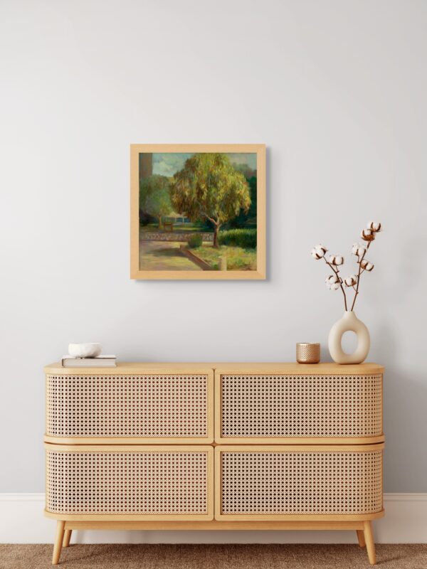 Framed impressionist painting of a Callistemon tree in vibrant red bloom, displayed in a modern interior setting