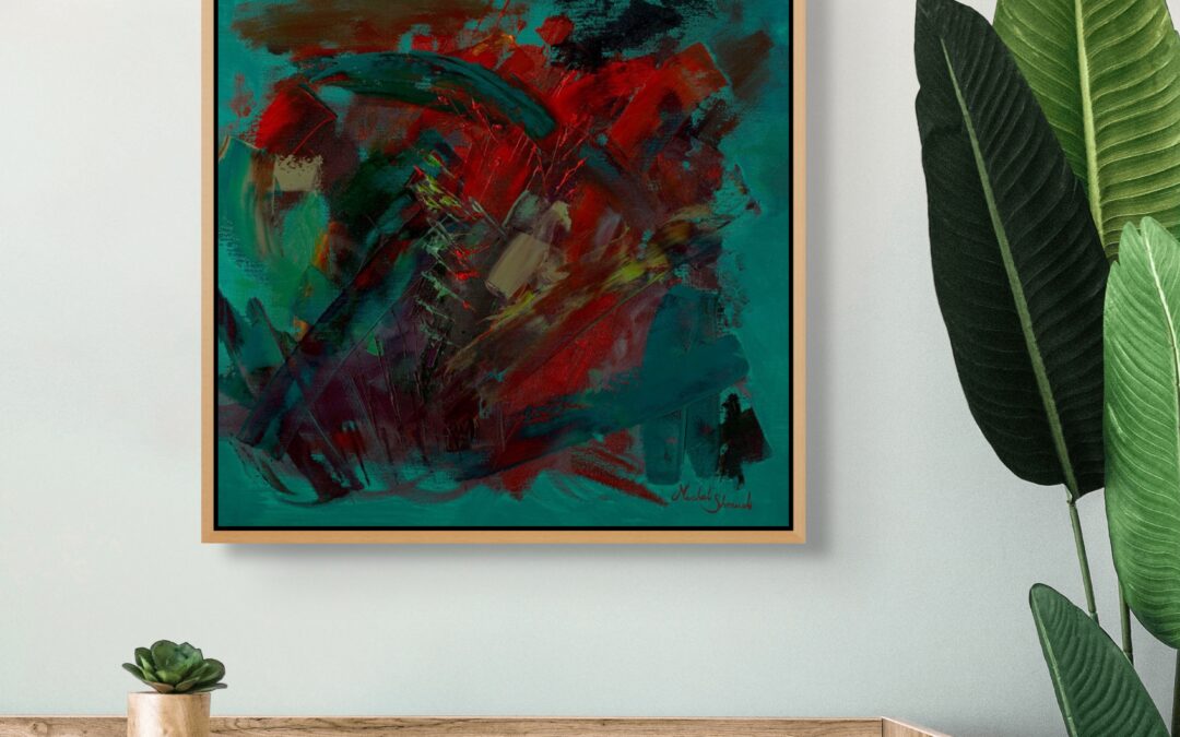 Framed expressive tree painting inspired by the “Memory Tree” series, symbolizing frustration, anger, and sorrow after local trees were damaged, displayed in a modern home interior