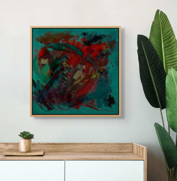 Framed expressive tree painting inspired by the “Memory Tree” series, symbolizing frustration, anger, and sorrow after local trees were damaged, displayed in a modern home interior