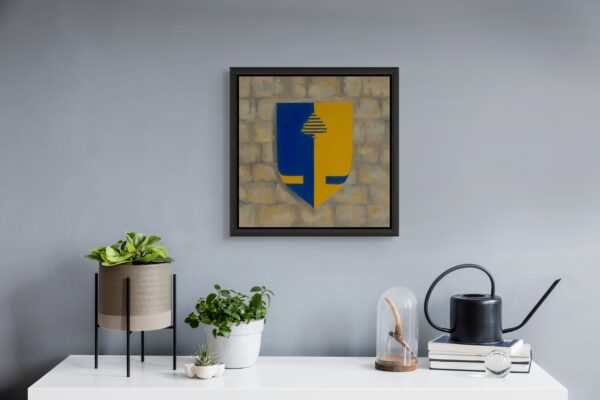 Framed heraldic-style painting of a tree emblem, inspired by medieval crests and modern graphic symbolism, displayed in a contemporary interior