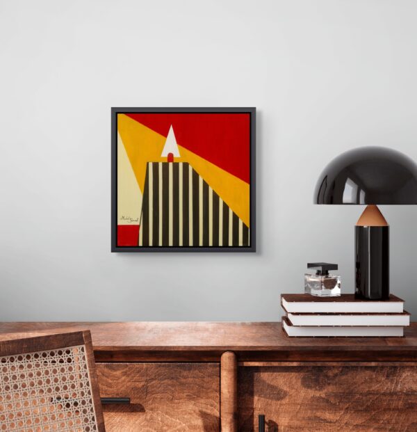 Framed Constructivist-style painting of a tree in geometric forms, symbolizing early kibbutz life in Israel, displayed in a modern interior