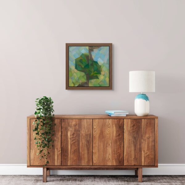 Abstract painting with sharp cuts and bold composition symbolizing personal and artistic revolutions, framed and displayed in a modern interior