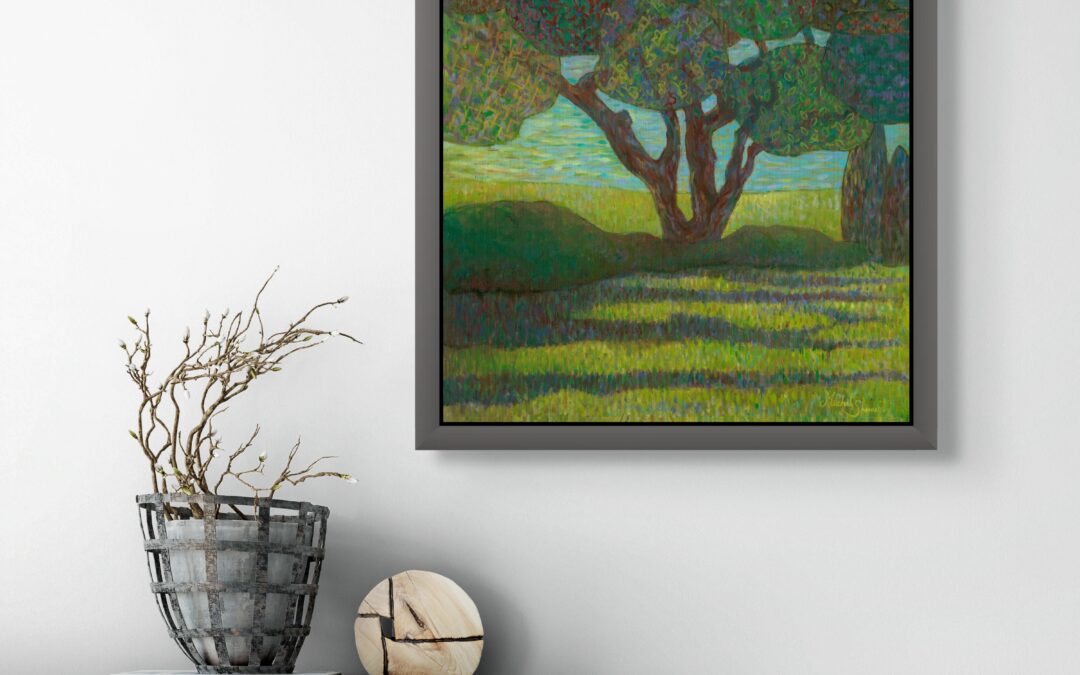 Colorful abstract tree painting with textile-like patterns in green shades, framed and displayed on a modern interior wall.