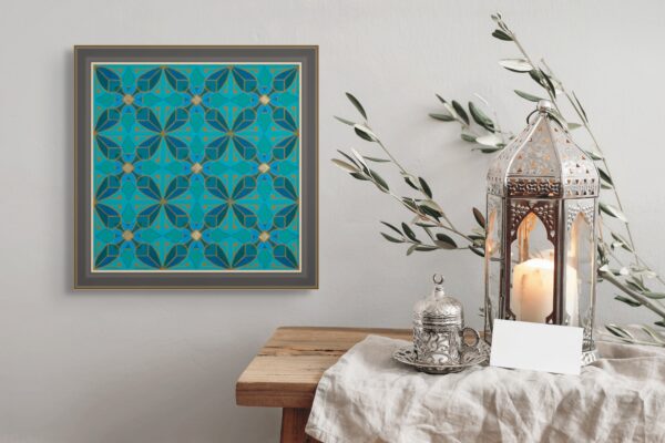 Framed Persian-inspired ceramic tile art print with repeating tree pattern in blue and gold, displayed above a rustic table with Moroccan lantern and silver coffee set