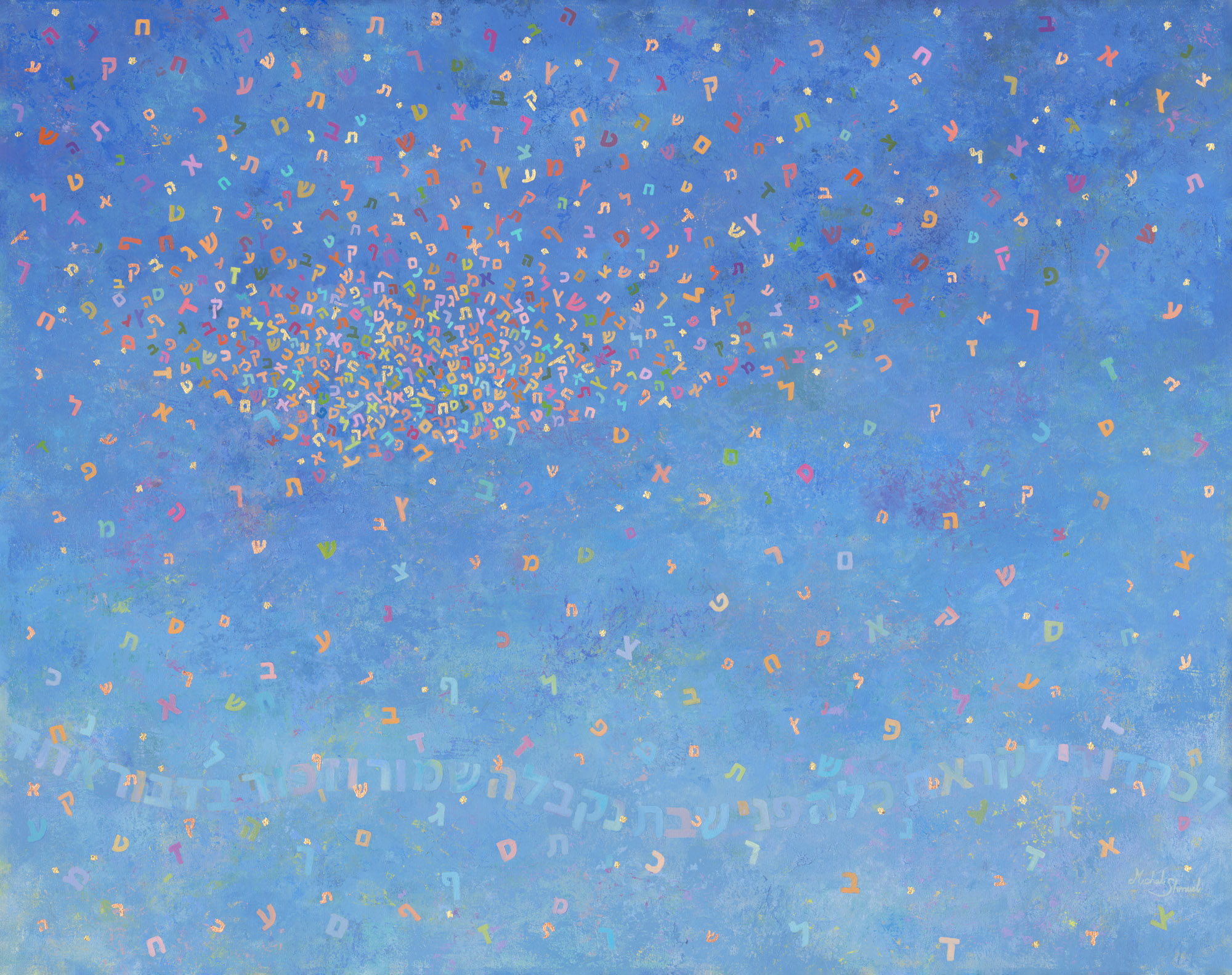 Abstract blue painting by Michal Shmuel with colorful Hebrew letters scattered like stars across a luminous sky