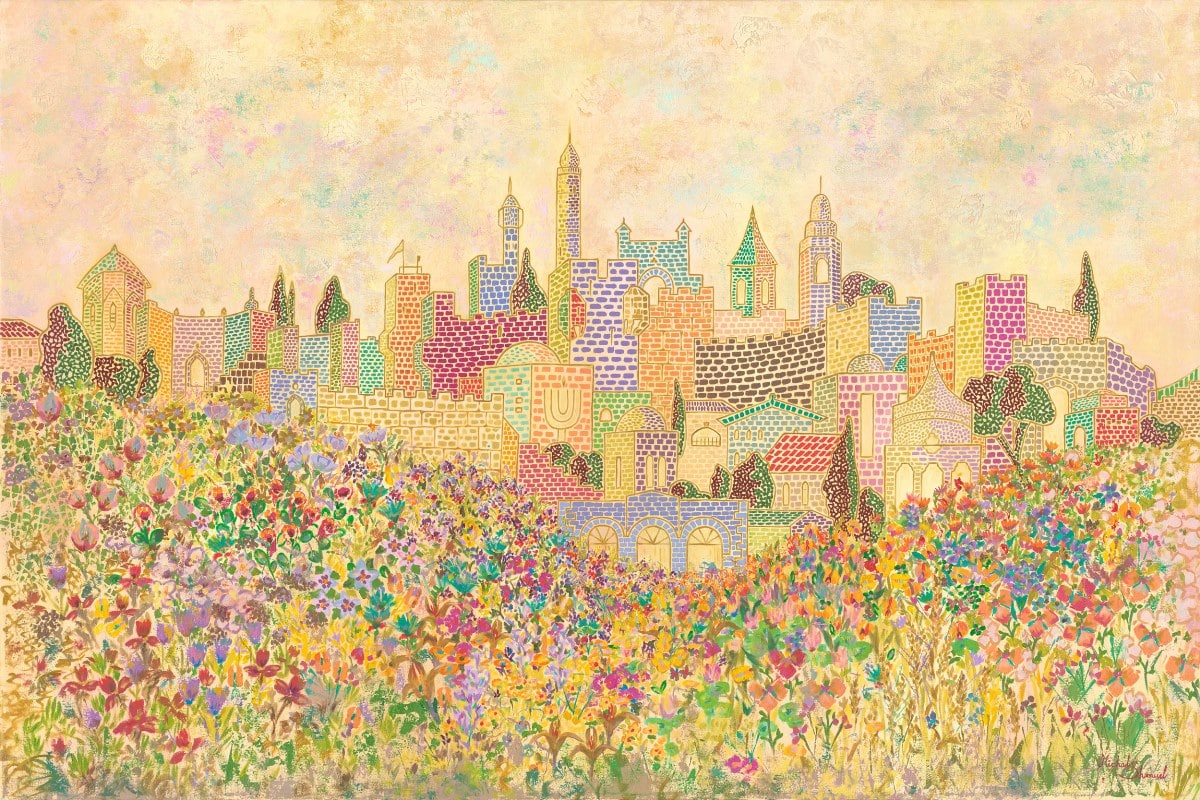 Jerusalem skyline in colorful stonework above a field of wildflowers, painting by Israeli artist Michal Shmuel