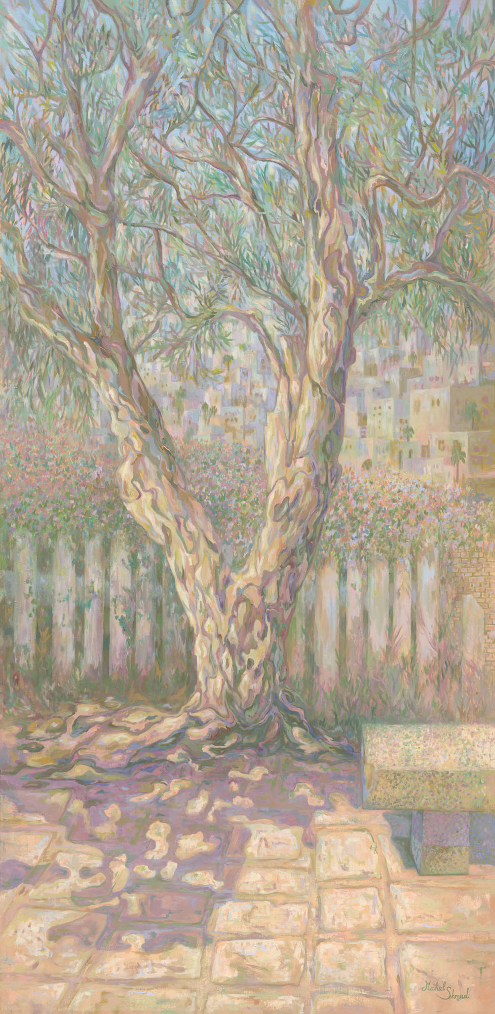 Ancient tree over a stone courtyard with a hillside village beyond, painting by Israeli artist Michal Shmuel
