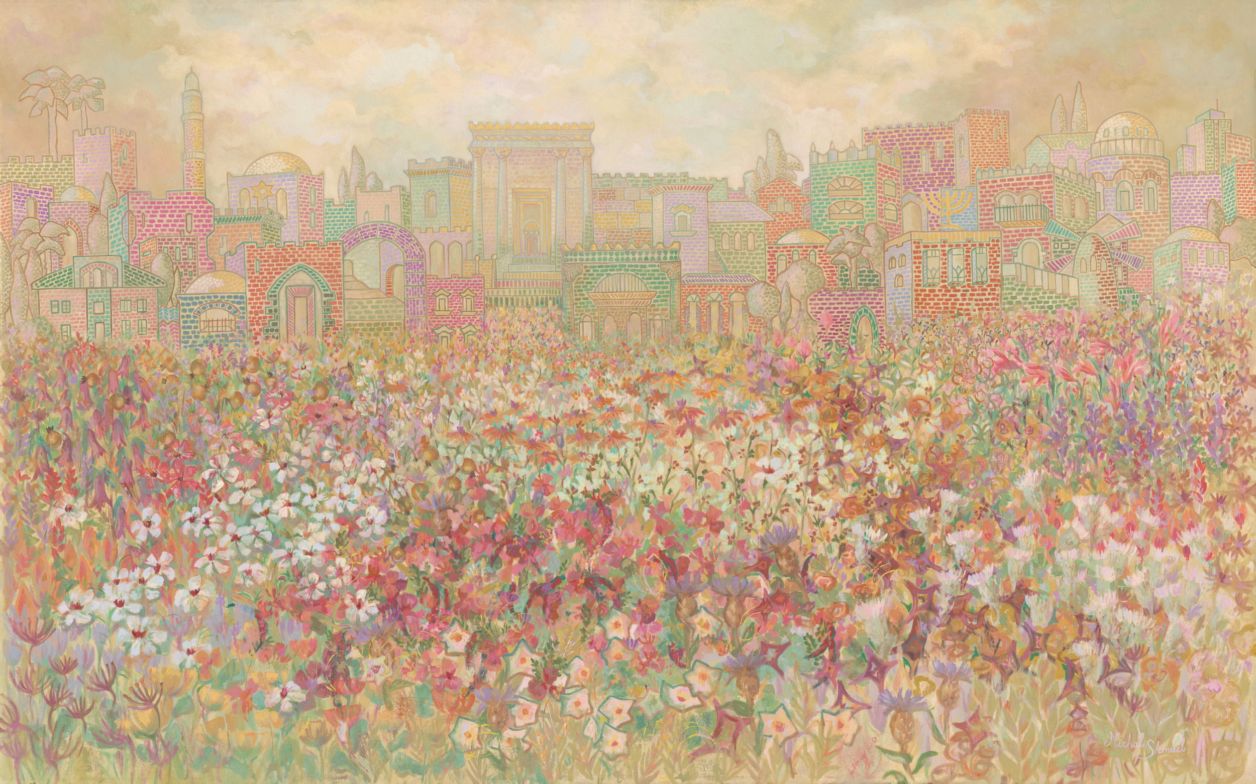 Jerusalem skyline with the Temple and a menorah in pastel stonework above a meadow of wildflowers, painting by Israeli artist Michal Shmuel